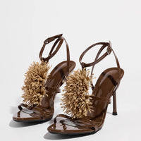 Ladies High Heel Sandals with 3D Fluffy Flower Decorations round Toe Thin Heel Spring Summer Night Club Fashionable Party Shoes