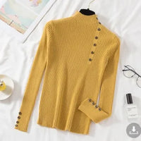 Half High Neck Sweater Women's New Style Pullover Knit Sweater with Button Up Long Sleeves Slim Fit Tight Fitting Bottom Shirt