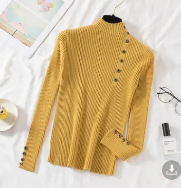 Half High Neck Sweater Women's New Style Pullover Knit Sweater with Button Up Long Sleeves Slim Fit Tight Fitting Bottom Shirt