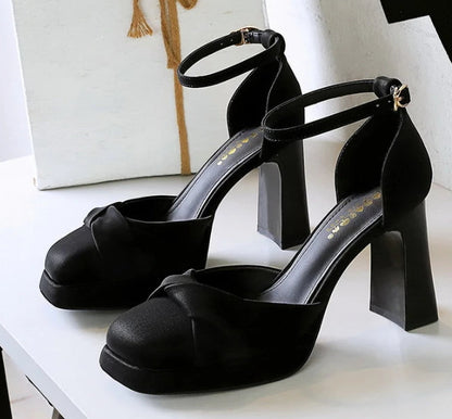 One-Strip Ultra-High Heel Sandals Platform Thick Heel Bow Women Shoes Square Toe Shallow Mouth Hollow Shoes
