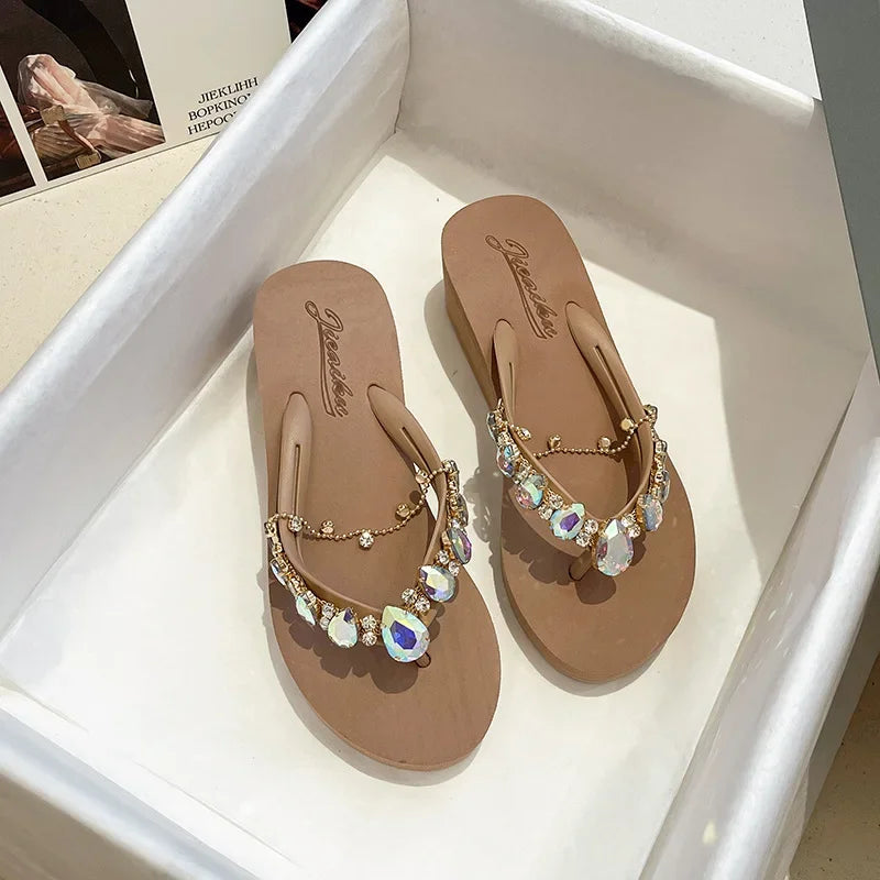 Women Slippers Fashion Summer New Water Diamond Flip Flops Women Outwear Thick Sole Slope Heels Beach Vacation Slippers