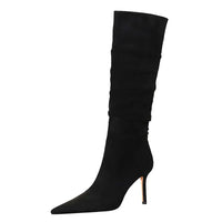 Fashion Pleated Pointed toe Knee-High Boots Thin Heels Women Ladies Shoes