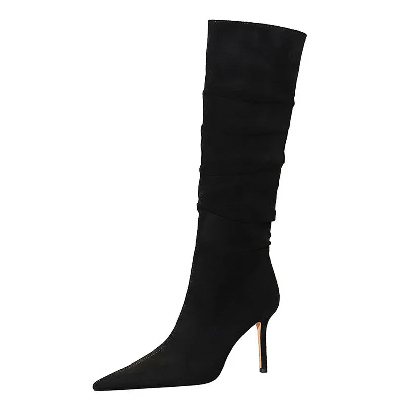 Fashion Pleated Pointed toe Knee-High Boots Thin Heels Women Ladies Shoes