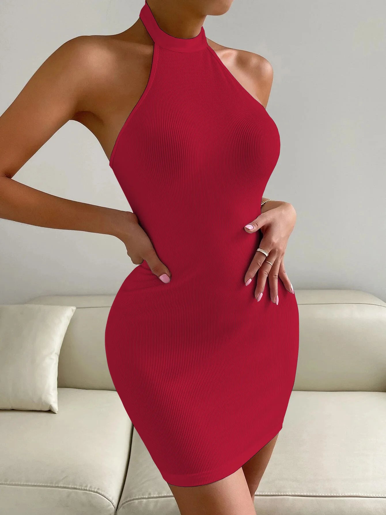 Women's sexy backless stand up collar sleeveless hip hugging dress