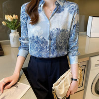 French Printed Lapel Shirt Long Sleeve Loose Mulberry Silk Top Temperament Commuting Shirt Women's Summer Style