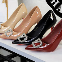Banquet Pointed High Heels, Shallow Metal Rhinestone Thin Heel Patent Leather High Heels