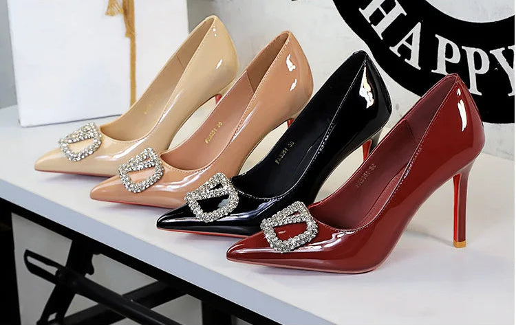 Banquet Pointed High Heels, Shallow Metal Rhinestone Thin Heel Patent Leather High Heels