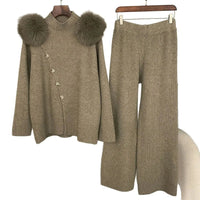 Casual Knitted Half-High Collar Sweater And Pants Set Real Fox Shoulder Patches Spring Autumn New Style Comfortable Lazy Style Natalia Home Fashion    Natalia Home Fashion