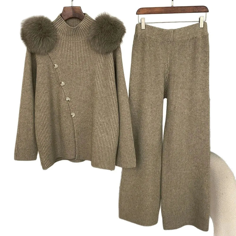 Casual Knitted Half-High Collar Sweater And Pants Set Real Fox Shoulder Patches Spring Autumn New Style Comfortable Lazy Style Natalia Home Fashion    Natalia Home Fashion