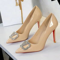 Banquet Pointed High Heels, Shallow Metal Rhinestone Thin Heel Patent Leather High Heels