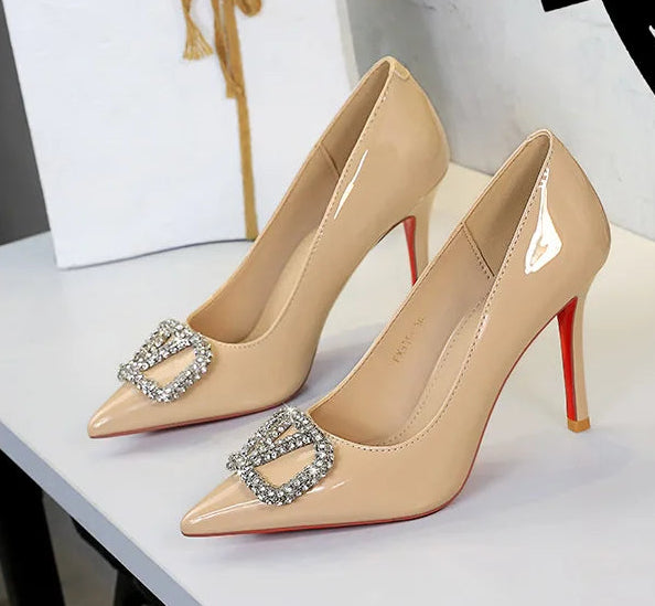 Banquet Pointed High Heels, Shallow Metal Rhinestone Thin Heel Patent Leather High Heels
