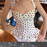 Polka Dot Print Tops Women Halter Low-Neck Bandage Ruffles Backless Sleeveless Skinny Fashion Street Versatile Vest
