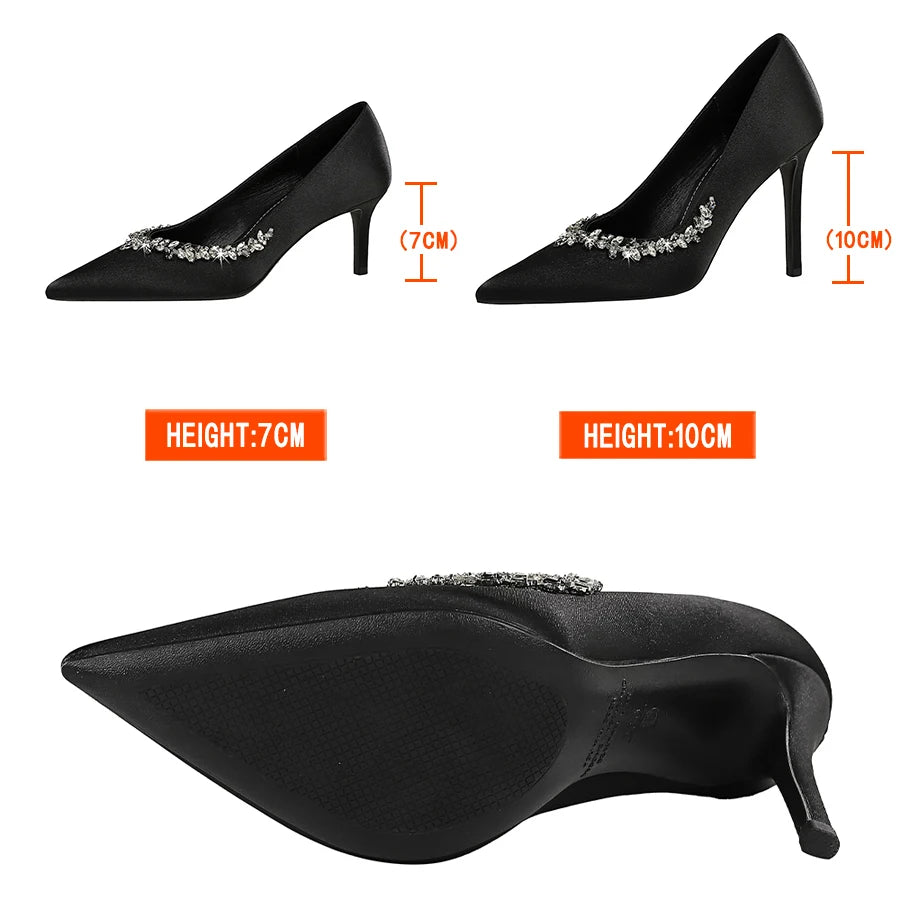 Silks satins Women Pumps Rhinestone design High Heels Stilettos 10 cm and 7 cm Luxury banquet shoes Sexy party shoes