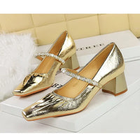 Heels Women Fashion CRYSTAL Pearl Pumps Square Toe Stripper Elegant Party Square Heel Ladies Shoes