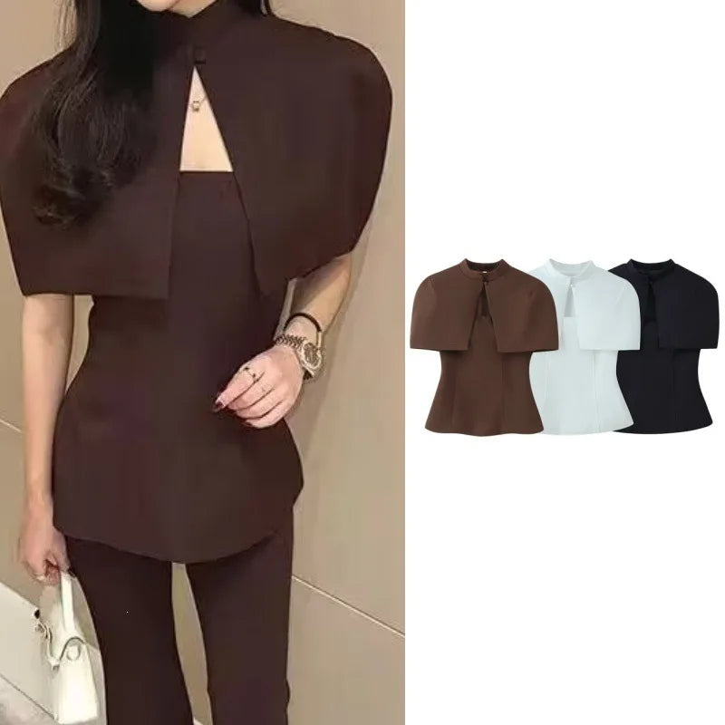 Fashionable French Style Two-Piece Set with off shoulder Top And Elegant Cape Lady Top Summer Casual Outfit for Young Women