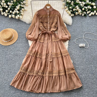 Elegant Hollow Out Organza Long Maxi Dresses Shirt Women  Layer Ruffle Full Sleeve Pearl Evening Party Dress