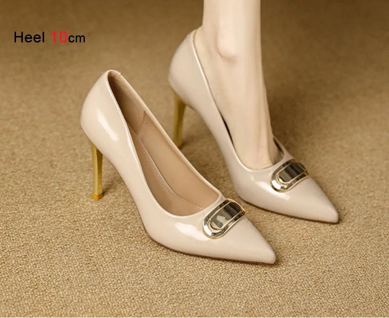 French Style Single Shoes Spring Women Pumps New Pointed Toe Shallow Mouth Metallic Buckle Commuting Shoes Stiletto Single Shoes
