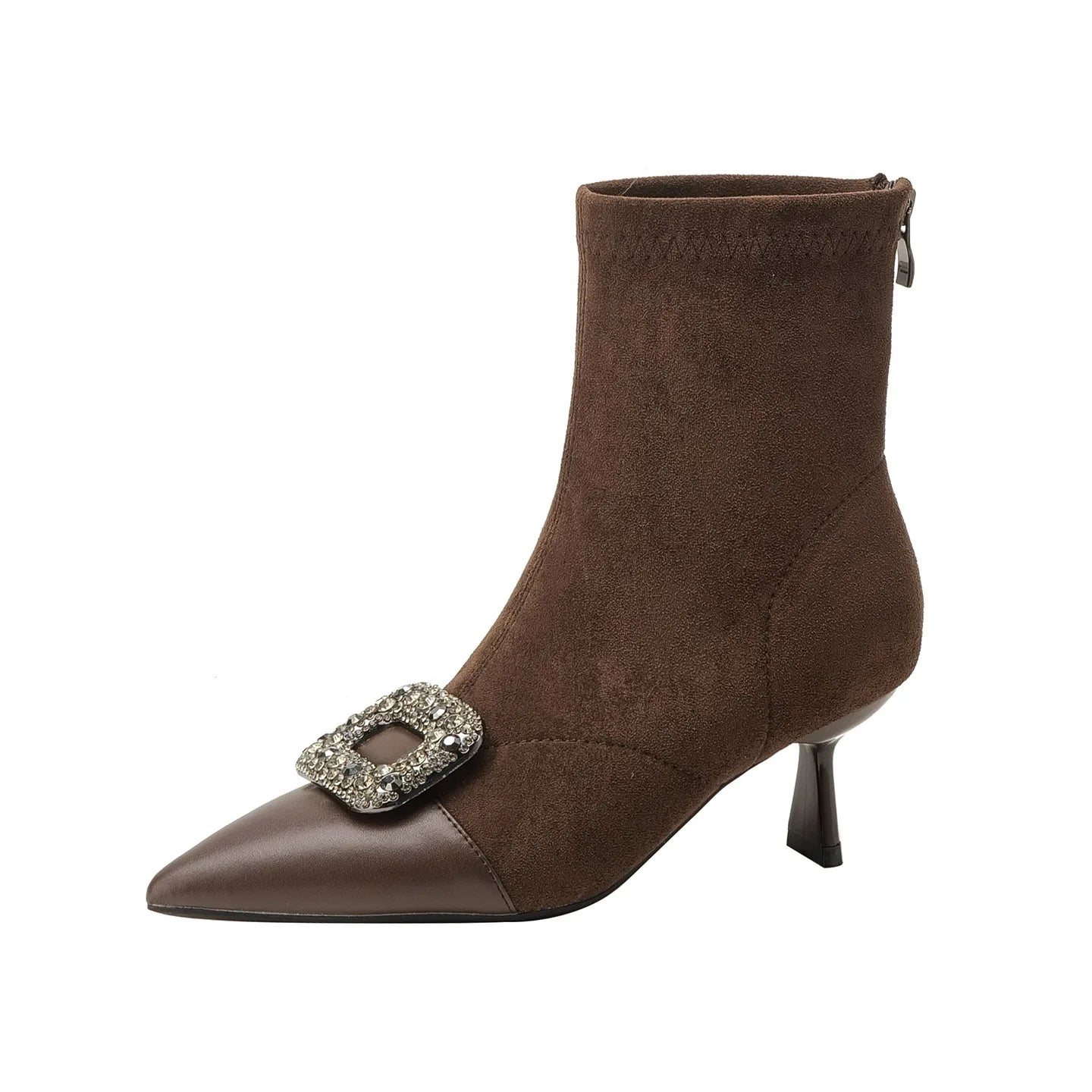 Fashionable Slim Fit Diamond Decorated Pointed Toe High Heel Bootie Mid-Calf Zipper Closure Leather Boot for Women
