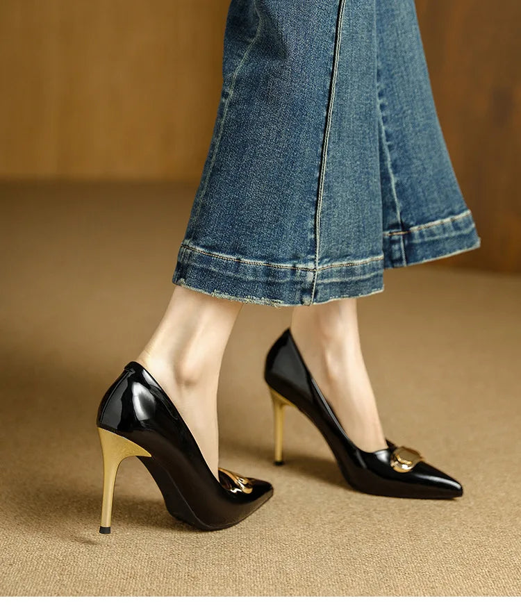 French Style Single Shoes Spring Women Pumps New Pointed Toe Shallow Mouth Metallic Buckle Commuting Shoes Stiletto Single Shoes
