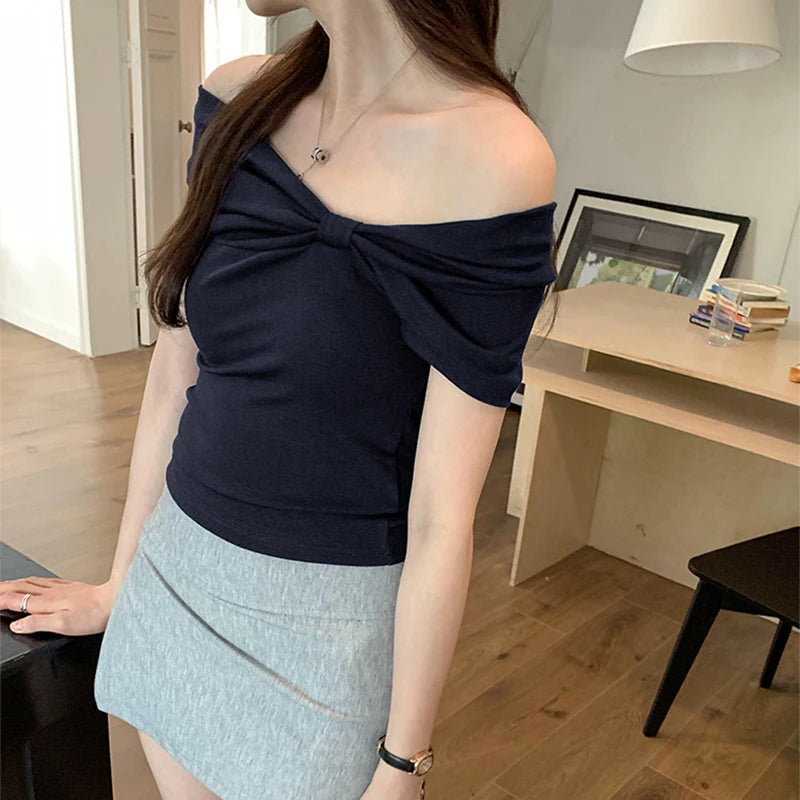 Summer Off Shoulder Bow Short Sleeve T-Shirt Women Stylish Ruched Slash Neck Cropped Tops Daily All-Match Solid Slimming Blouses Natalia Home Fashion    Natalia Home Fashion