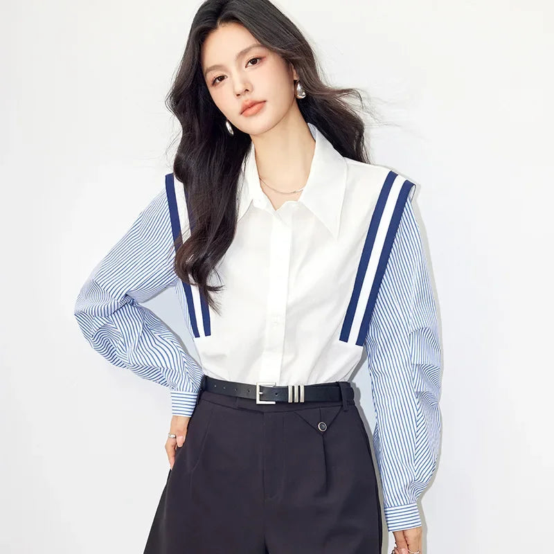 Style French Color Blocking Striped Shirt Long Sleeve Slimming Elegant Fashionable Shirt Women's Blouse