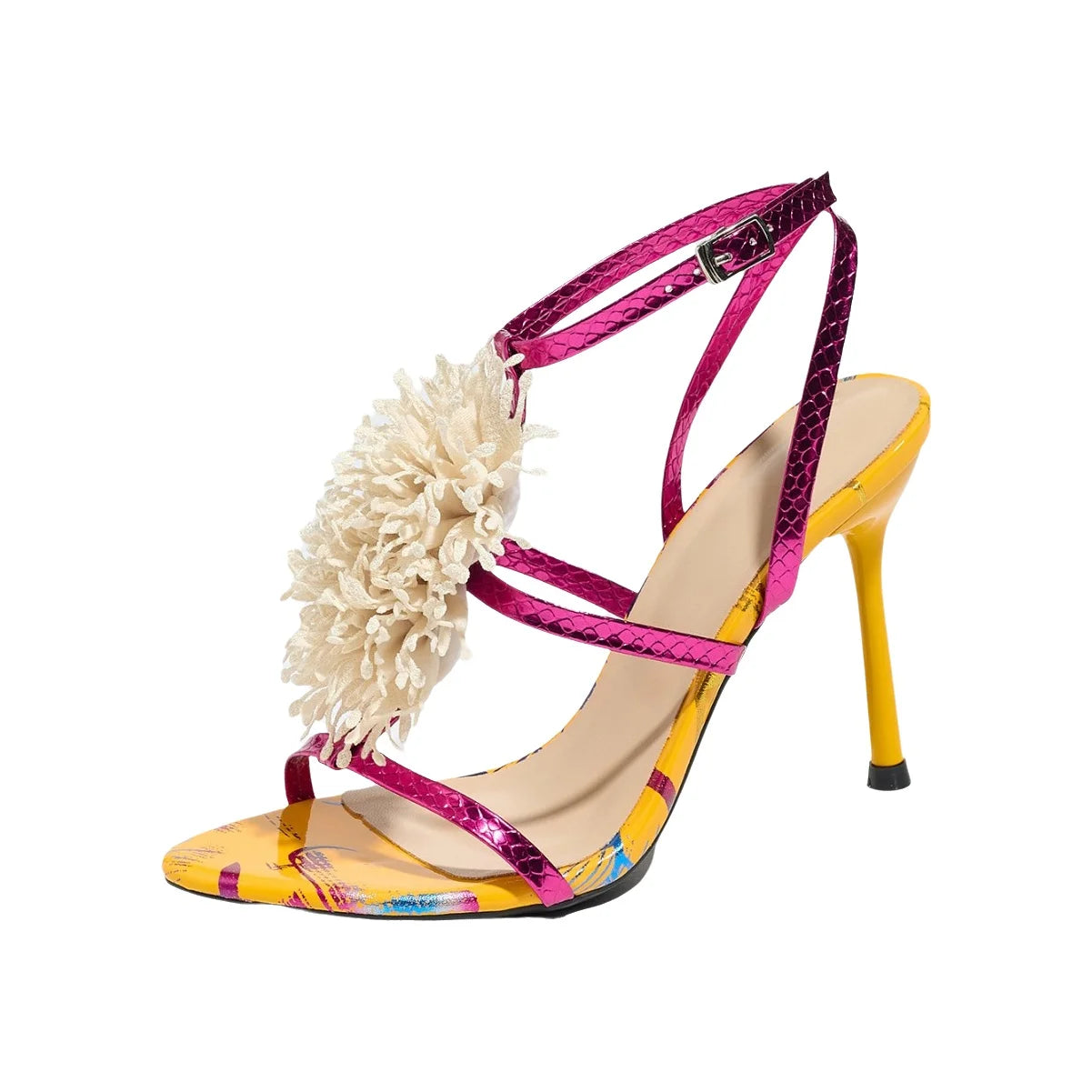 Ladies High Heel Sandals with 3D Fluffy Flower Decorations round Toe Thin Heel Spring Summer Night Club Fashionable Party Shoes
