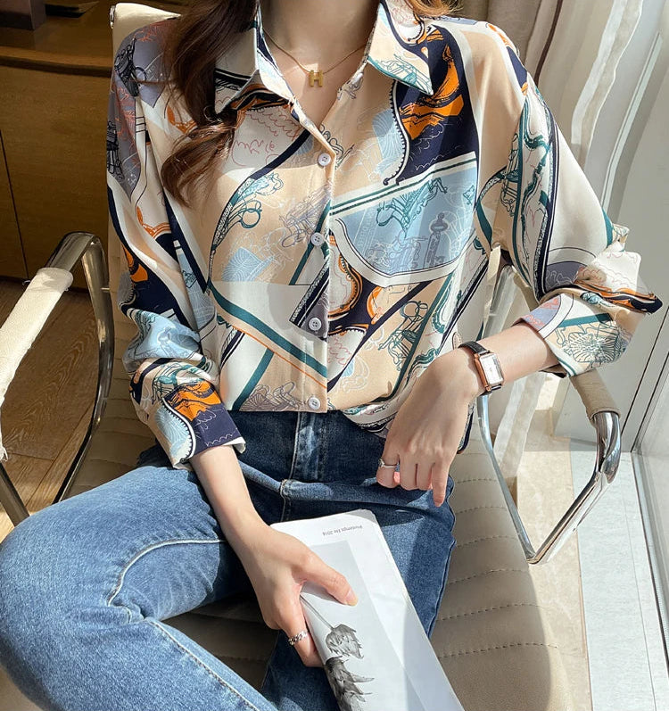Chiffon Allover Printed Women's Blouses High Quality Long Sleeve Single Breasted Spring Summer Casual Lady Blouses