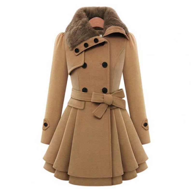 Women's Jacket Windbreaker Warm Plush Thick Clothes Double Breasted Belt Slim Lapel Coat - Natalia Home Fashion