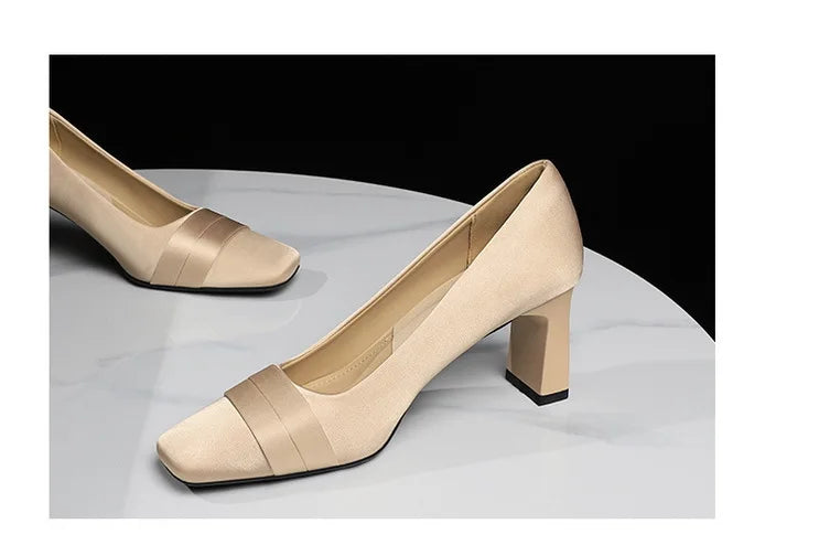 Elegant Satin High Heels Square Toe Slip-On Chunky Heel Comfortable Women's Shoes for Party Fashion Footwear Summer Autumn