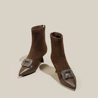 Fashionable Slim Fit Diamond Decorated Pointed Toe High Heel Bootie Mid-Calf Zipper Closure Leather Boot for Women