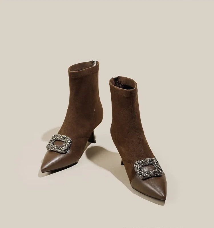 Fashionable Slim Fit Diamond Decorated Pointed Toe High Heel Bootie Mid-Calf Zipper Closure Leather Boot for Women