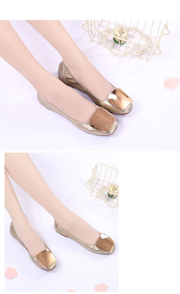 Light Metal buckle roll-up flats ladies shoes cozy moccasins sequined cloth foldable ballet flats