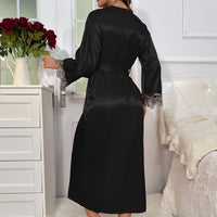 Contrast Lace  Long Sleeve Belted Robe V Neck Slip Dress Sexy Elegant Women Pajamas  Sets