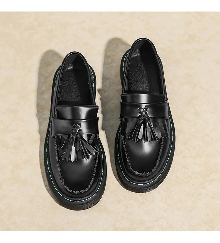 British Style Loafers Casual Round Toe Tassel Women's Leather Low Top Shoes Fashionable Slip-On Shoes