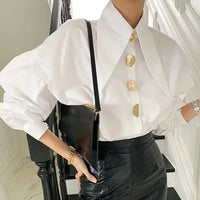 Chic Sharp Corner Collar Blouse Women Elegant Pearl Button White Shirt Ladies New Fashion Lantern Sleeve Shirts