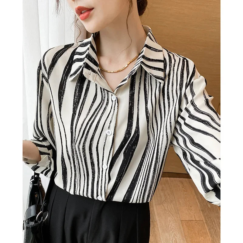 High-End Elegant Fashionable Casual Striped Long Sleeve Versatile French Style Lapel Chiffon Shirt Women's Clothing