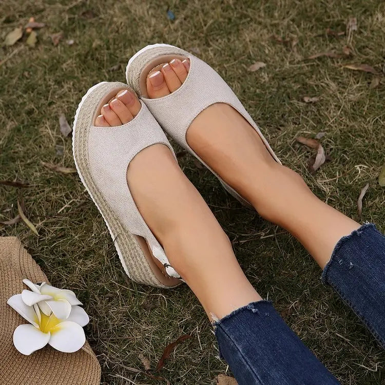 Women's Platform Sandals Summer New Large Size Fish Mouth Slope Heel Stones Pattern Shoes Thick Bottom Clog Casual Slip-On