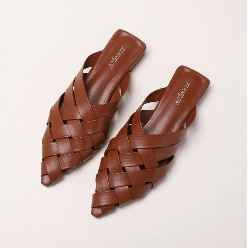 Hollow Woven Pointed Cool Slippers Women's Summer Thick Heel Outer Wear Bag Head Half Slippers Women Sandals
