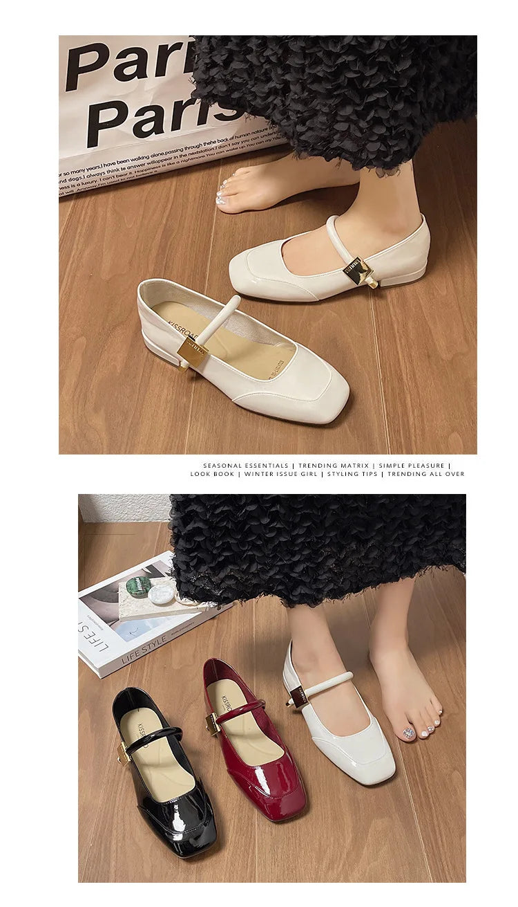 Women Mary Jane Shoes French Retro Square Toe Low Heels Shoes Women's Comfortable Ballet Shoes