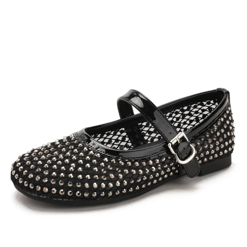 French-style rhinestone mesh Mary Jane shoes, breathable shallow single shoes, fairy-style soft-soled flat shoes