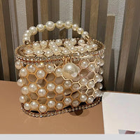 Luxury Pearl Beaded Metal Cage Hollow Out Women Handbag Rhinestones Diamond Evening Bag Wedding Party Clutch Purse Crossbody Bag