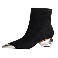 Street Style Fur Metal Hollow Heel Modern Faux Suede Short Boots for Women Metal Pointed Toe Low Heel Boots Female