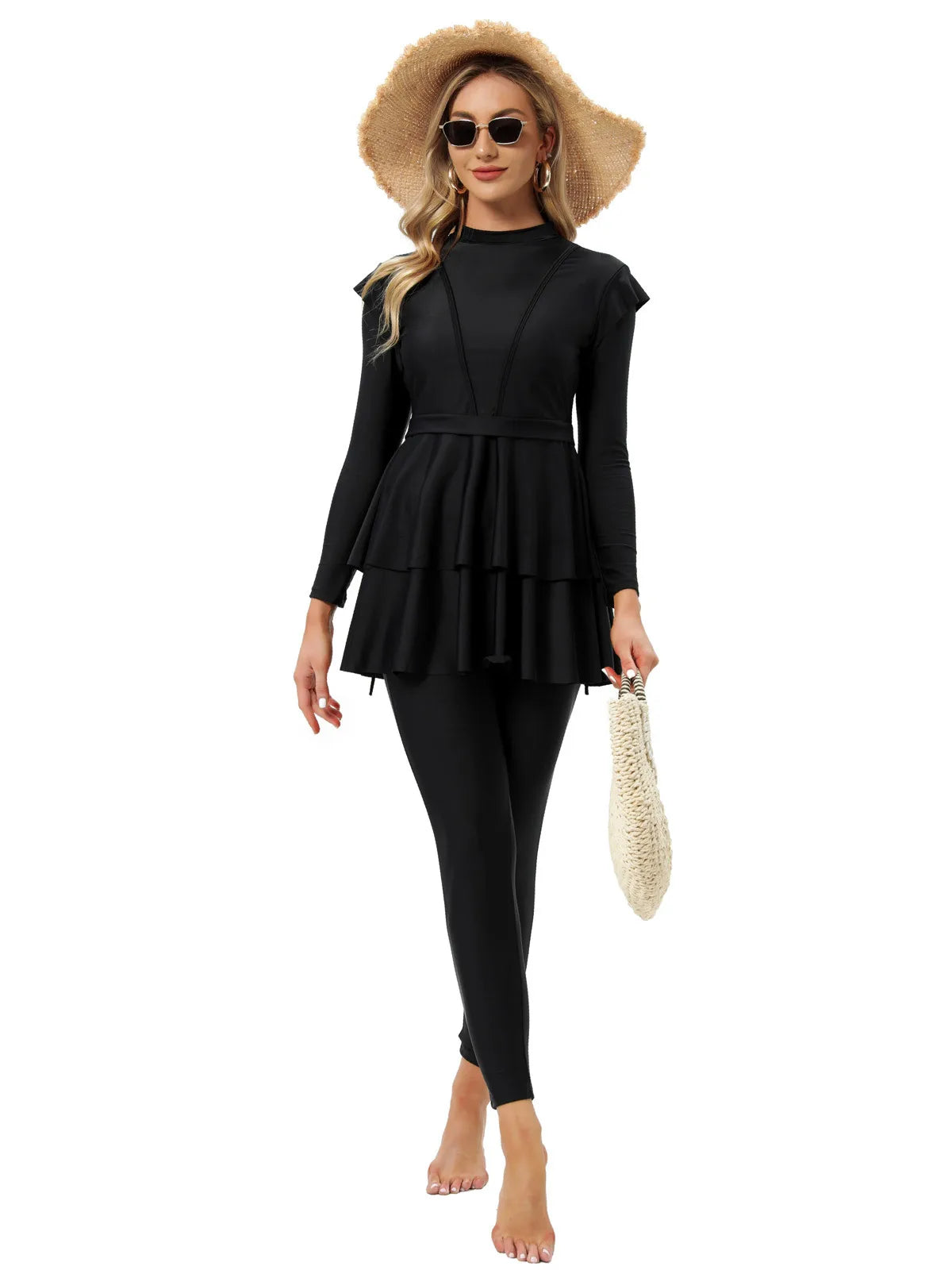 Arab Swimsuit Two-piece Conservative Beach Surfing Sun Protection Swimsuit Muslim Solid Color Long Sleeved Pants Full Wrap Swims