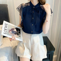 Women flare Short Sleeve blue shirts lady chiffon tops