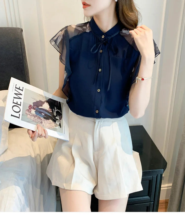 Women flare Short Sleeve blue shirts lady chiffon tops