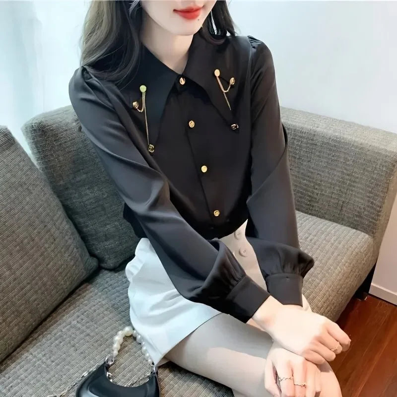 Early Pure Color Long Sleeve Polo Collar Women's Shirt Inner Wear French Style Elegant