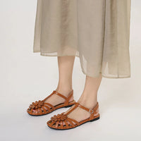Elegant Fashion Roman Round Head Flat Sandals Women Woven Hollow Sandals Female Closed Toe Summer Ladies Shoes