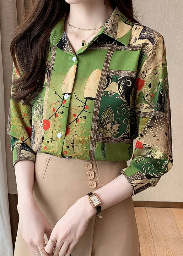 Slim Floral Long-sleeved Shirt Loose Printed Top for Women