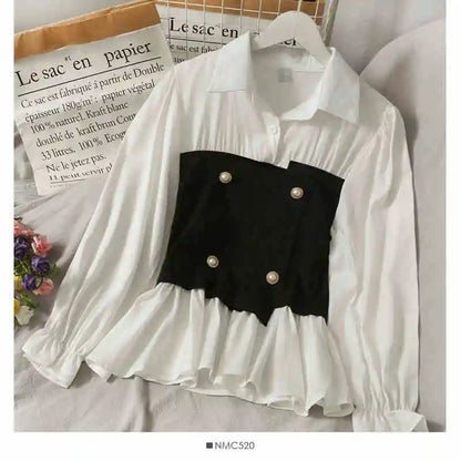French Contrast Color Slim Shirts for Turn Down Collar Long Sleeve Bottoming Top Female Fashion Blouses