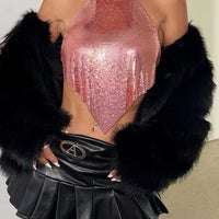 Fashion Halter Neck Backless Crop Top Glitter Metal Sequins Sleeveless Dew Waist Tank Top Summer Women Rave Festival Camisole